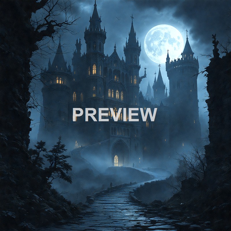 A large, dark, and ominous castle with multiple towers and spires, illuminated by the full moon, situated on a foggy hill with a winding stone path leading up to it, surrounded by barren trees.